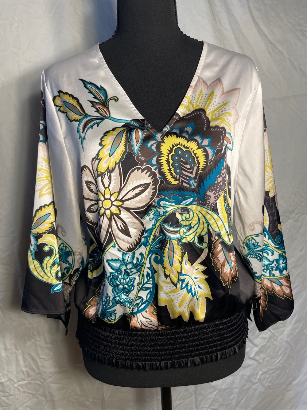 White House Black Market Floral V-Neck Satin Blouse - Teal, Yellow & Black